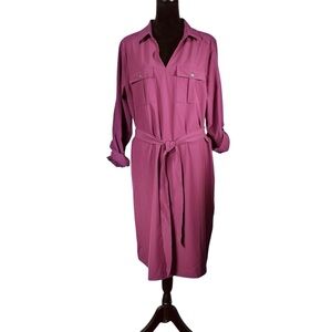 TravelSmith Purple Belted Shirt Dress Midi Roll Tab Sleeves Travel Vacation Trip